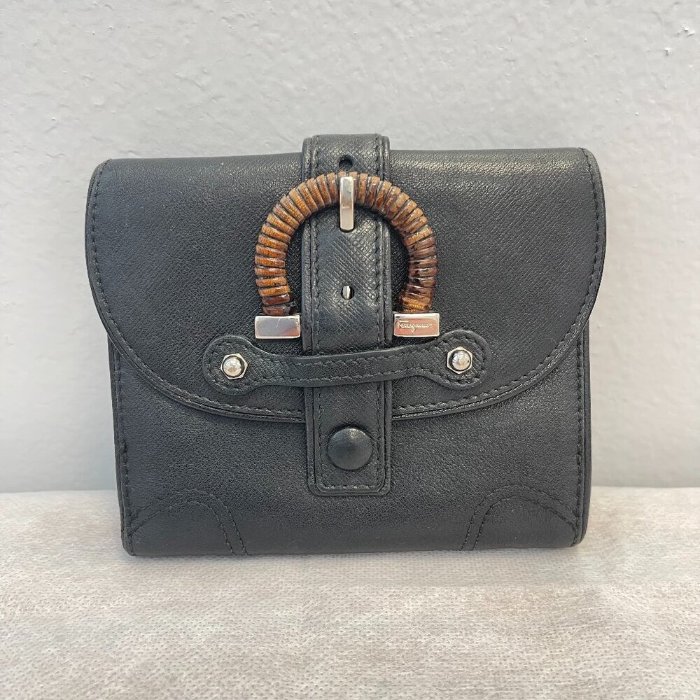 Salvatore Ferragamo Black Leather Bifold Wallet W/ Bamboo Gancini - Preowned